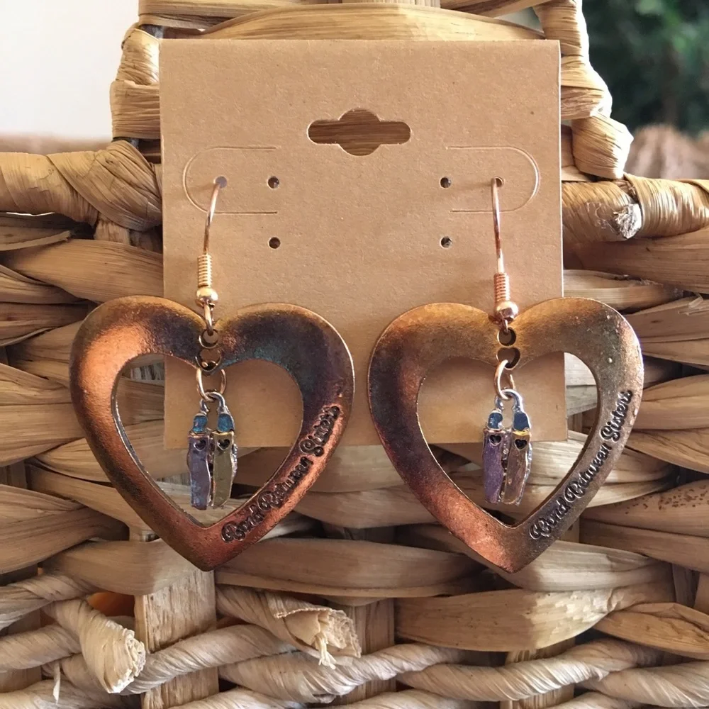 Vintage repurpose aged gold heart drop earrings